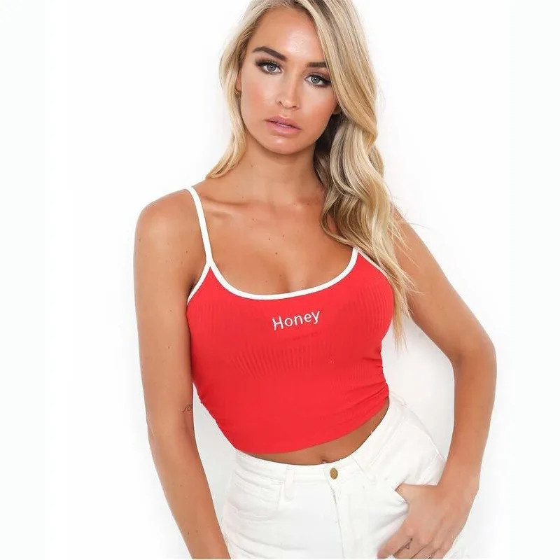 

BJYL Sexy Women Crop Top 2021 Summer Honey Letter Embroidery Strap Tank Tops Cropped Feminino Ladies Elastic Shirt Vest Camisole