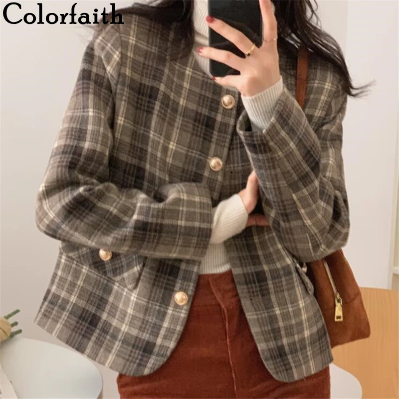 

Colorfaith New 2021 Autumn Winter Women's Blazers Casual Pockets Checkered Jackets Outerwear Plaid Wild Lady Short Tops JK7361