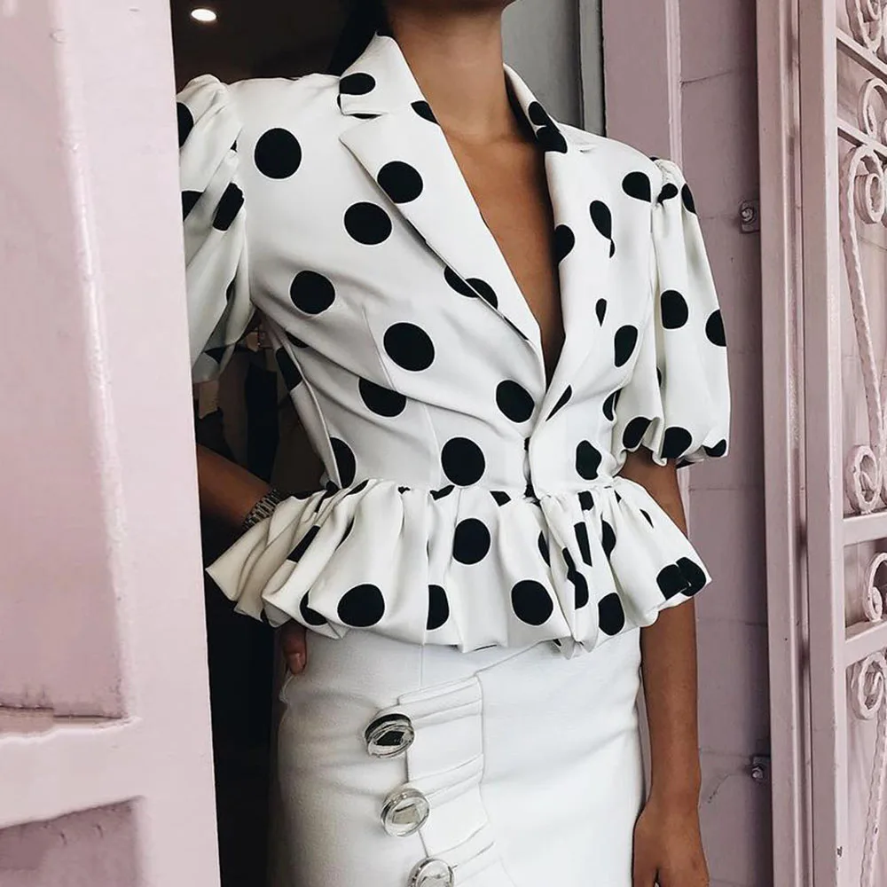 Узкая Женская туника в горошек с высокой талией и баской винтажная Офисная