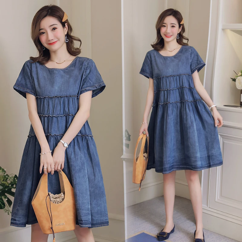 

Plus Size Denim Dresses Women 2021 New Korean Style Summer Solid Short Sleeve O-neck Loose Casual A Line Dress Vestidos