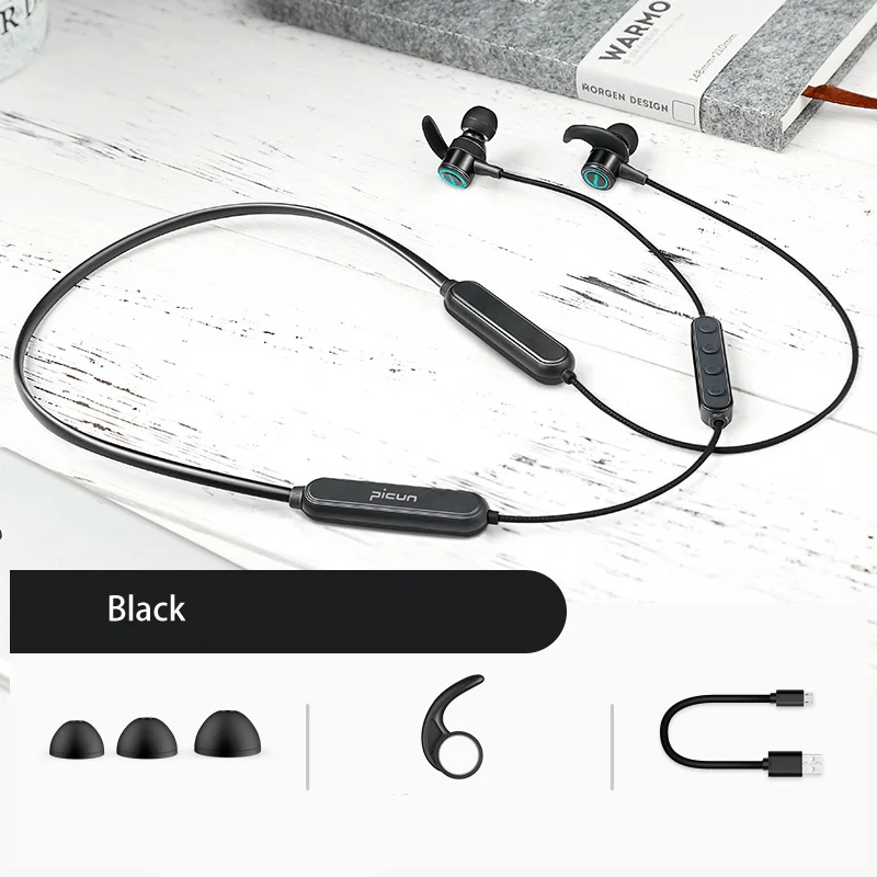 Новейшая Спортивная bluetooth-гарнитура Picun 5,0, беспроводные стерео музыкальные наушники с микрофоном для iphone 6s 7 Xiaomi huawei samsung - Цвет: Черный