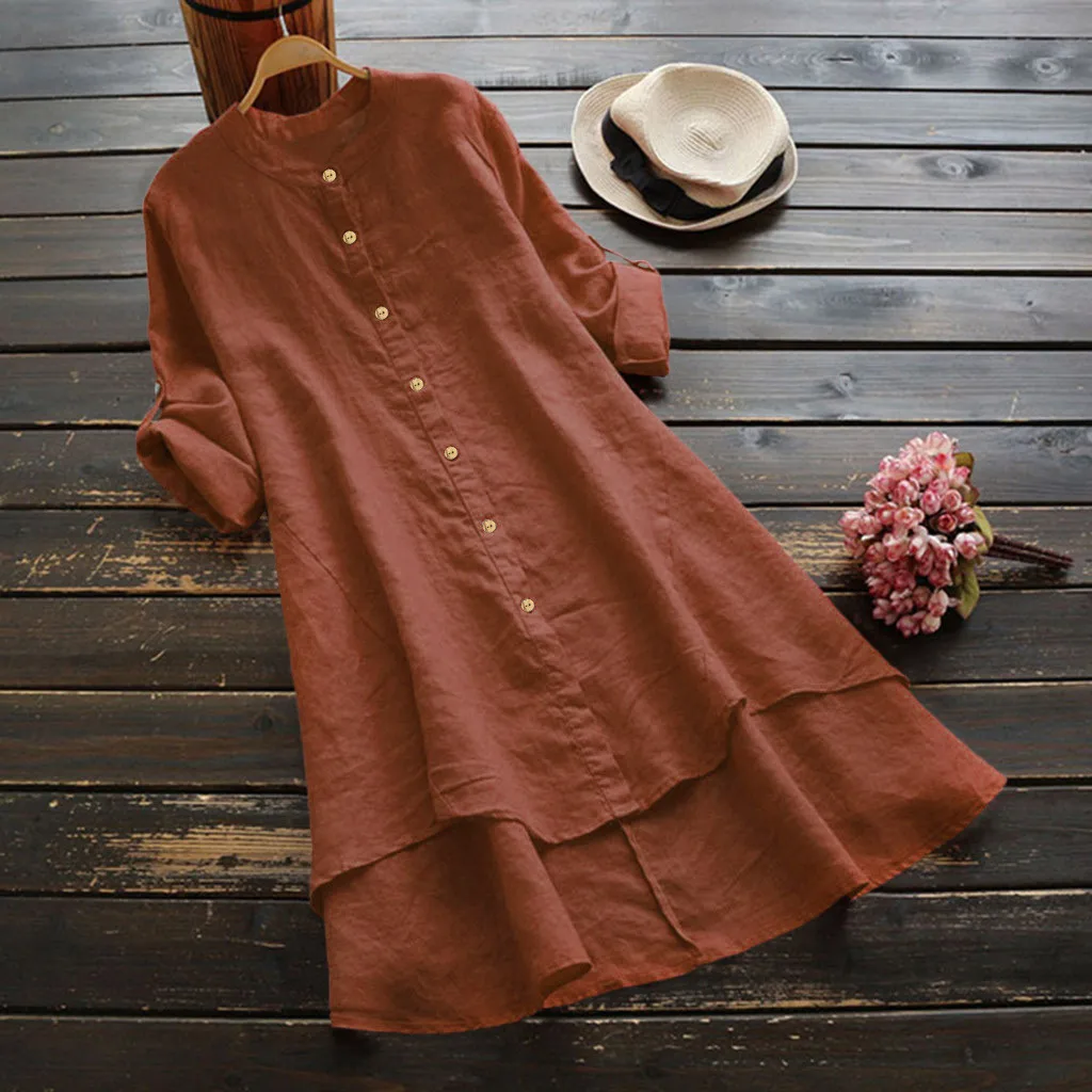 

Plus Size New Women Tops Blouses Autumn Loose Button Long Sleeve Long Shirt Dress Blouse Plus Size Casual Solid Line Tunic Top