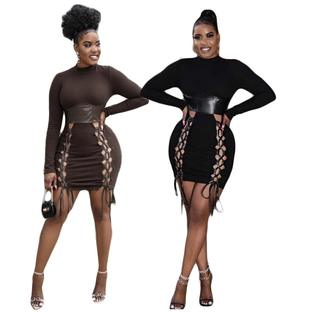 

Dresses for Women Party Vestidos 2022 Spring Sexy Lace Up PU Patchwork Full Sleeves Elegant Ladies Bodycon Dress Club