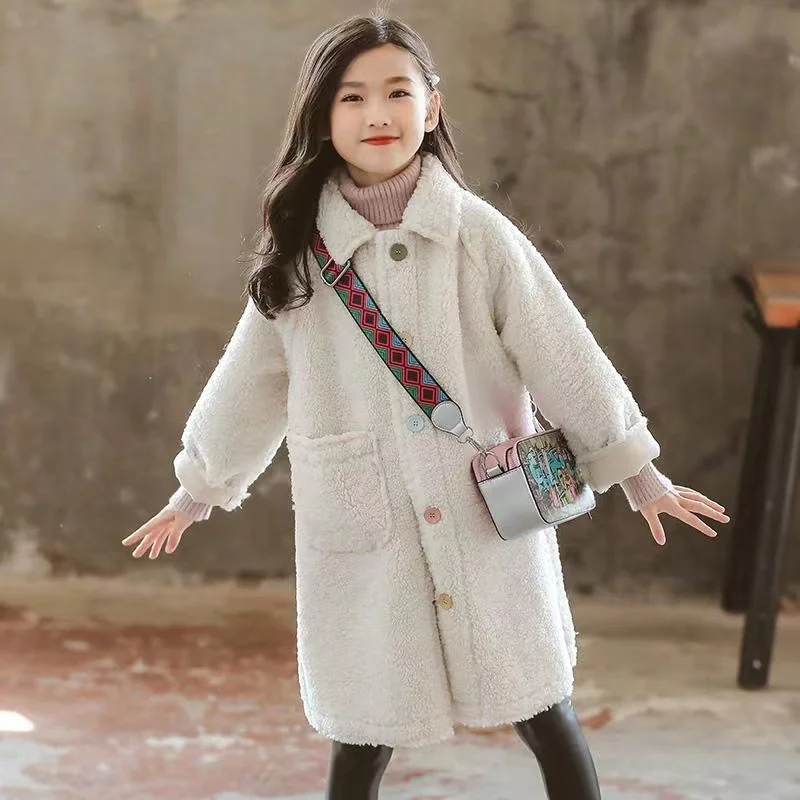 

Teen Girls Cotton Wool Blends Coats Winter Thicken Solid Color Mid-Long Fleece Turn Down Collar Outerwear Jackets for Kids 4-13Y