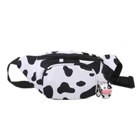 cute cow milk print waist fanny pack women canvas mobile phone holder adjustable belt bum bag female casual travel chest purse