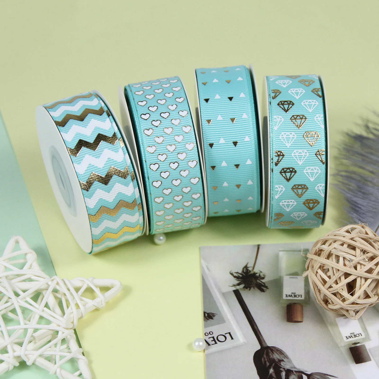 7/8&quot 22mm Gold Foil Gold/white Diamond Pink/aqua Grosgrain Ribbon Gift Packing Deco 10Yards/roll Webbing Diy Supplies | Дом и сад