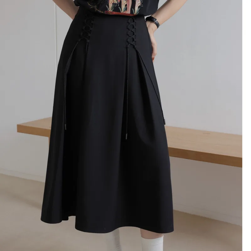 Женская юбка со шнуровкой плиссированная трапециевидная с высокой талией серого