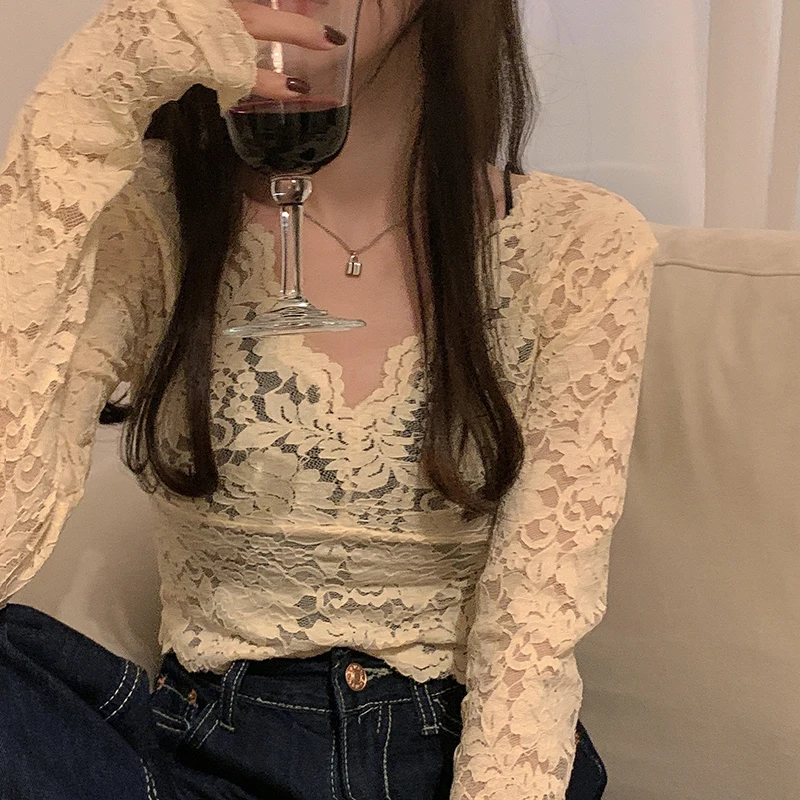 

Новое поступление осенней эстетической одежды, кружевной однотонный облегающий Топ, футболка для женщин, женская одежда, корейская модная ...