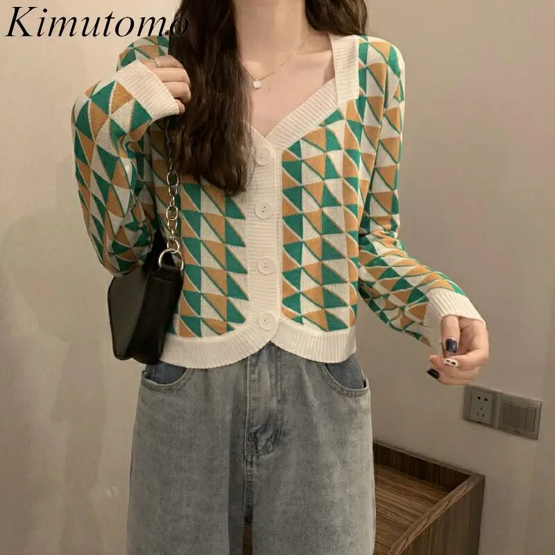 

Kimutomo винтажный клетчатый женский кардиган 2021 Ранняя осень квадратный воротник с длинным рукавом однобортный короткий свитер Повседневный ...