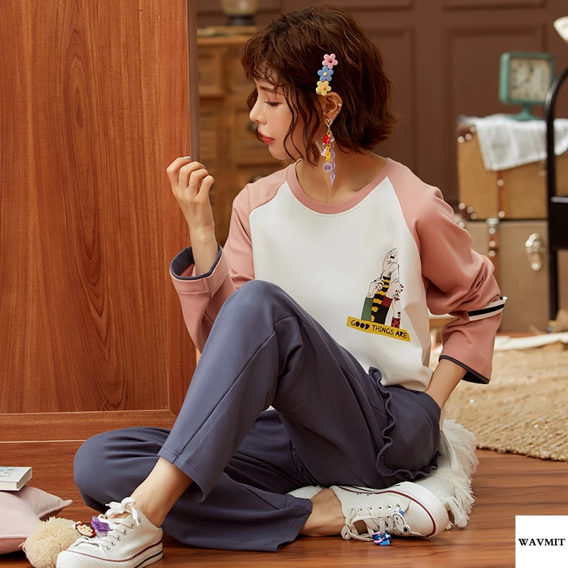 WAVMIT 2020 весенние милые женские хлопковые пижамы с длинным рукавом комплект