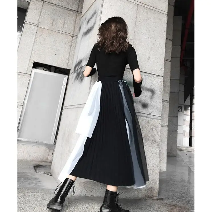 

Spring summer women's runway fashion Designer mesh patchwork skirt female sexy fashion high waist irregular black skirt TB1012