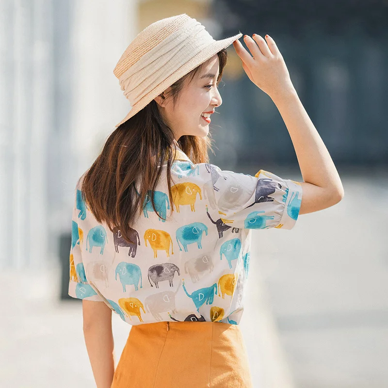 Повседневная модная блузка с коротким рукавом из чистого хлопка принтом слона