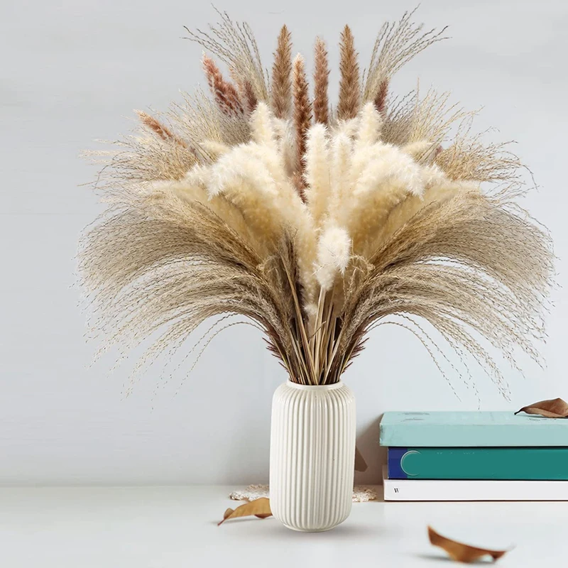 Pampas blancas secas de 60 piezas, 17,72 pulgadas, hierba y flor seca marr&oacute;n y ca&ntilde;a seca Natural, decoraci&oacute;n Natural del Hogar-0