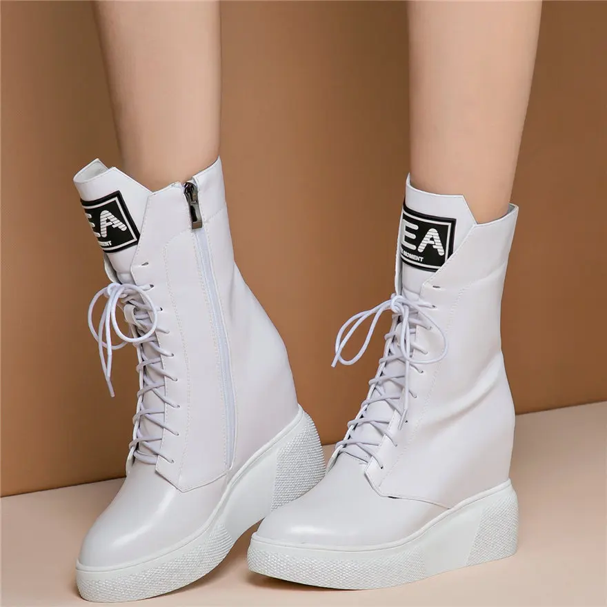 Punk Creepers Women Lace Up Genuine Leather Wedges High Heel Ankle Boots Female High Top Round Toe Fashion Sneakers Casual Shoes