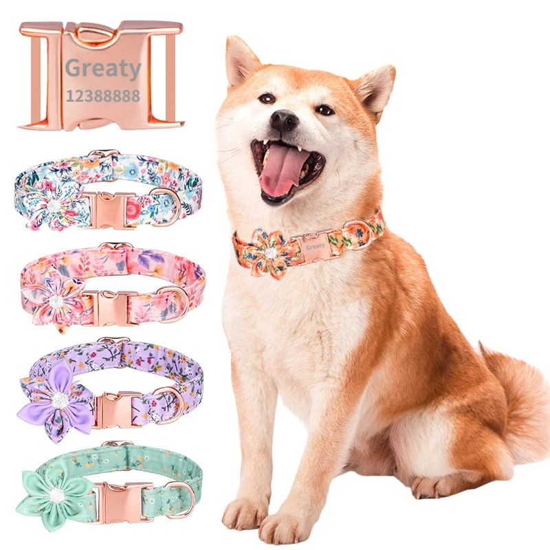 

Нейлоновый собачий ошейник с бесплатной гравировкой и цветочным принтом