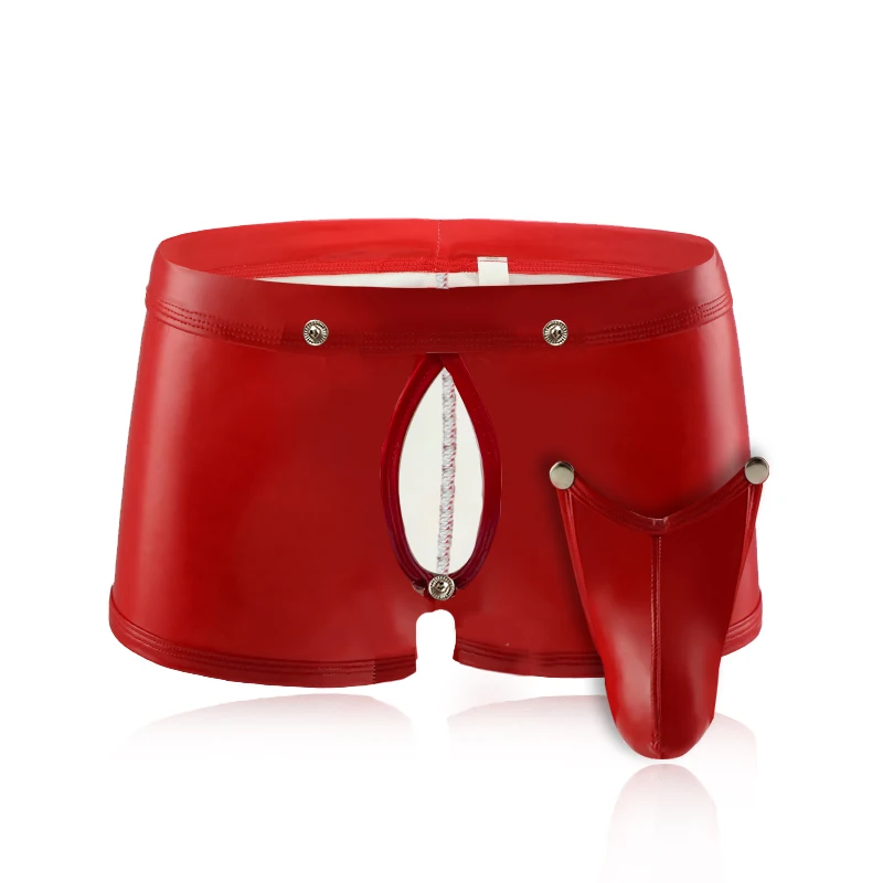 Мужские трусы боксеры AIIOU черные из искусственной кожи с открытой промежностью