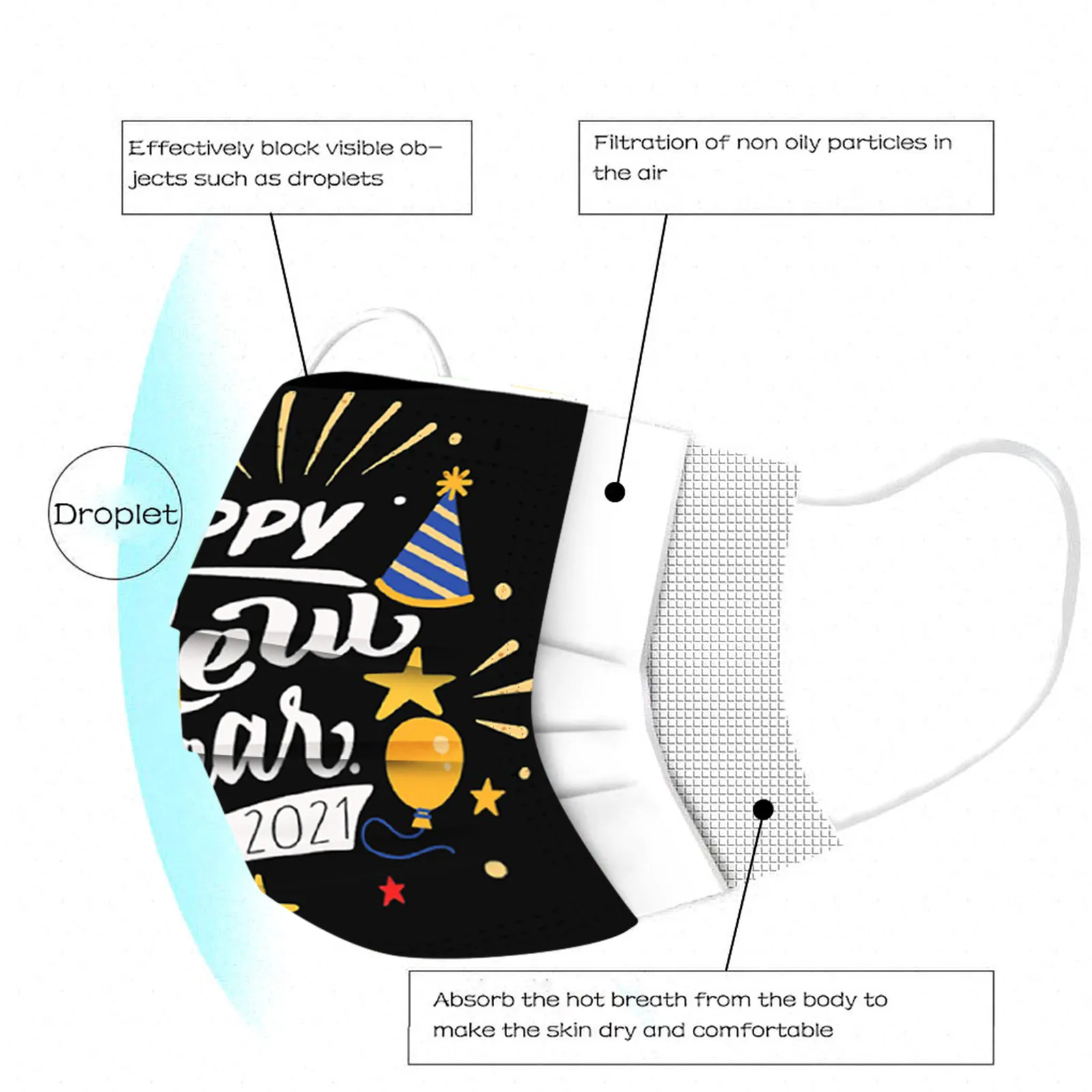 

mascarilla reutilizable 2021 Christmas Happy New Years Adult Disposable Mask Dustproof Protective 3 Layer Earring Face Mask