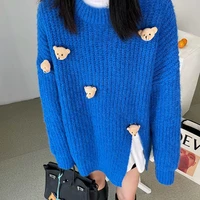 kawaii tops women ribbed knit long sleeve sweater cute 3d bear doll o neck pullover harajuku side split solid color loose jumper