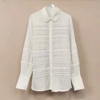 new 2022 spring fashion long shirt high quality women turn down collar lace patchwork long sleeve casual loose white blouse
