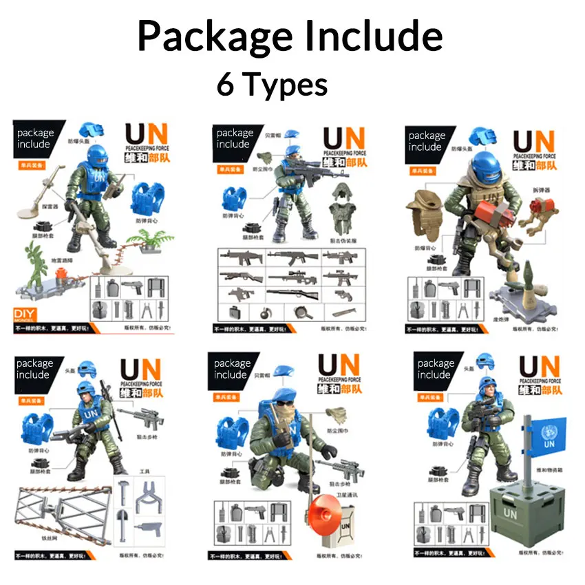 6 set Soldier UN 6 стилей, набор мини-солдатиков, фигурки со строительными блоками, оружейный армейский совместим со всеми основными брендами, Военная серия, подарок для детей - Цвет: 6 set Soldier UN
