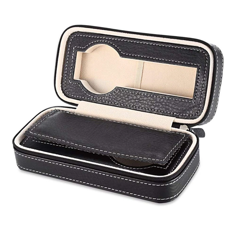 

2 Pcs 2 Grids PU Leather Travel Watch Storage Case Zipper Wristwatch Box Organizer, Brown & Black