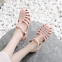 2021 women sandals womens jelly shoes candy color hollow solid females shoes buckle back strap closed toe roman flat footwear