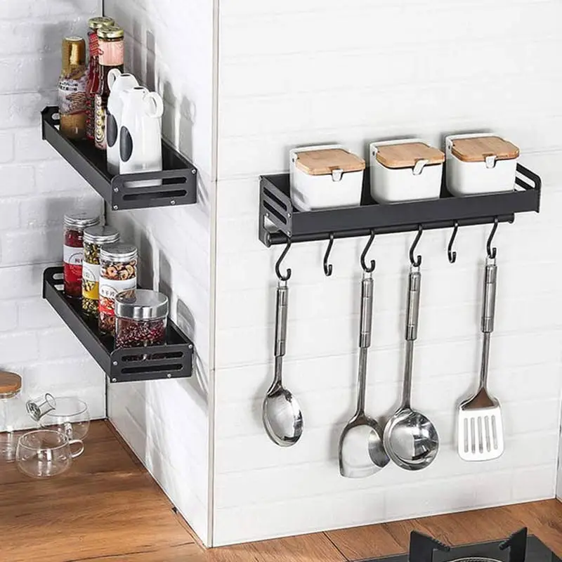 

AE02YJM-0035 Kitchen Shelf Wall-mounted Perforation-Free Household Space Aluminum Spice Storage Rack Black Silver Pendant