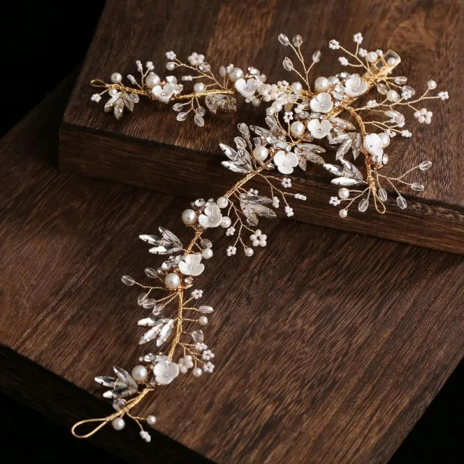 Длинные розовые золотые выпускные невесты цветок аксессуары для волос жемчуг