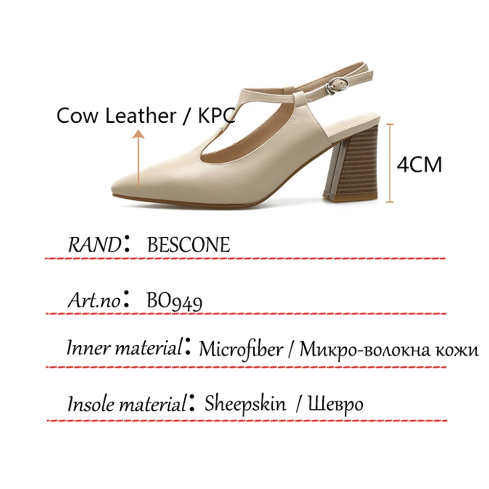 

BESCONE Women Pumps Spring Casual Genuine Leather Shoes Thick Heel Pointed Toe Buckle Strap Retro Fashion Ladies Shoes BO949
