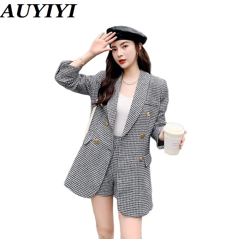 

AUYIYI Fashion Women's 2021 Autumn And Winter New Houndstooth Check Wool Suit Jacket + A-Line Shorts Two-Piece Suit