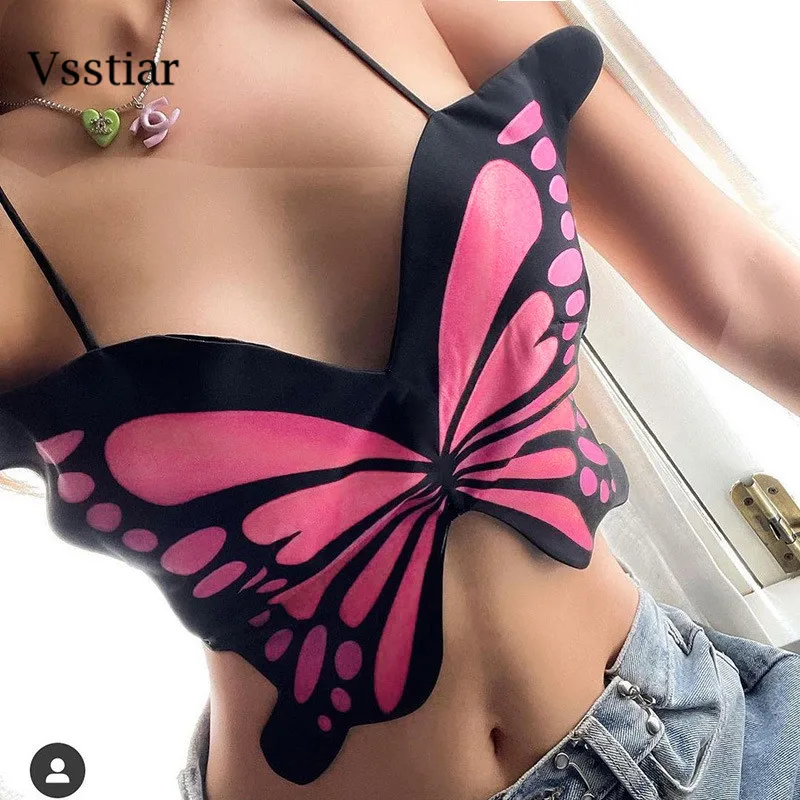 

Vsstiar Summer Butterfly Print Camis Fashion Club Party Women Sheath Crop Top Backless Lace Up Sexy Halter Tank Tops Y2K