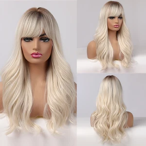 EASIHAIR Long Ombre Blonde Wigs with Bangs Synthetic Wigs For Women Natural Hair Wavy Cosplay Wigs Heat Resistant