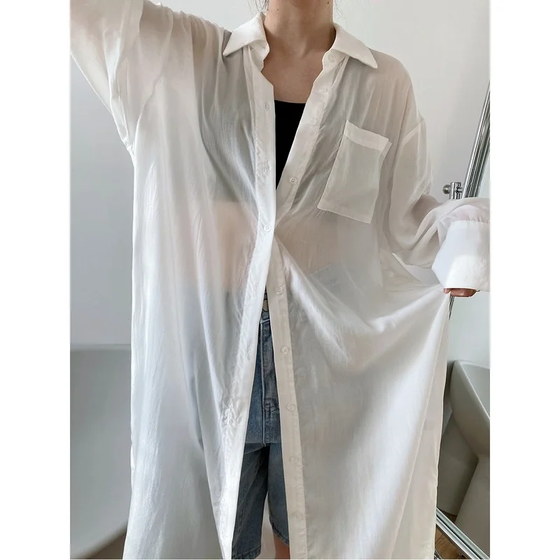 

Women Spring Summer Long Sleeve Casual Bohemian Thin Long Blouses Turn Down Collar Oversize Women Long Shirts Tops For Women