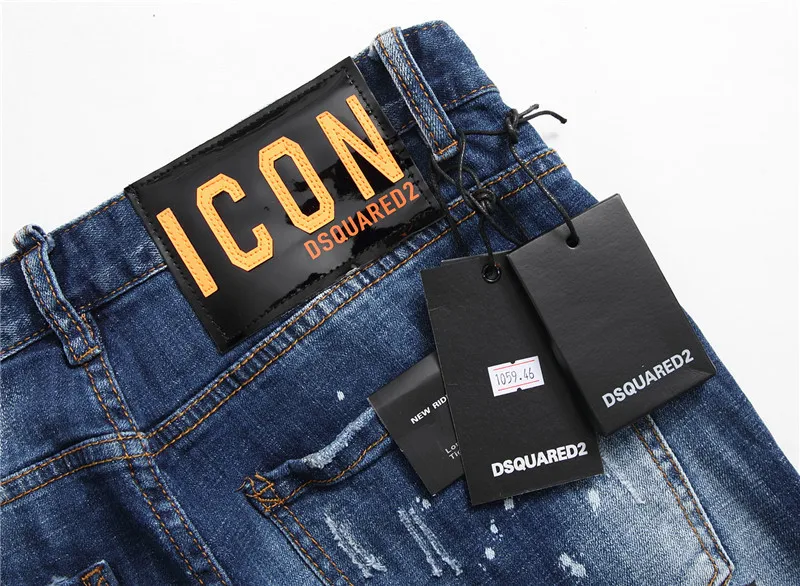 DSQUARED2 Brand Mens Slim Elastic Jeans Fashion Hip Hop Stretch Damage Hole  Patchwork Pants