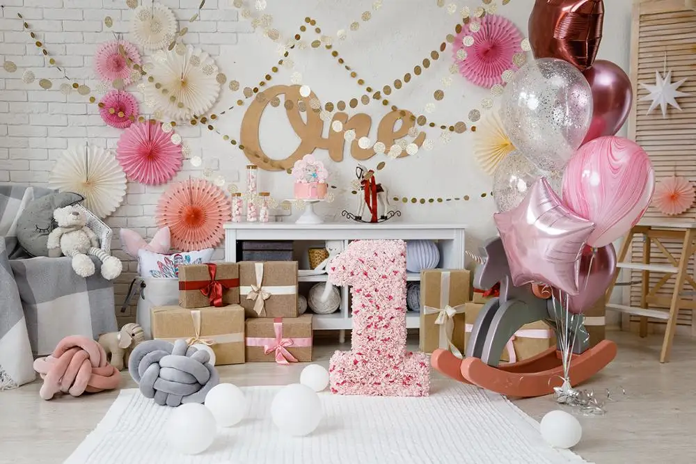 

Birthday Backdrop Pink Balloons brick Wall Gold Shiny Baby Party Love Portrait Photography Background Photocall Photo Studio
