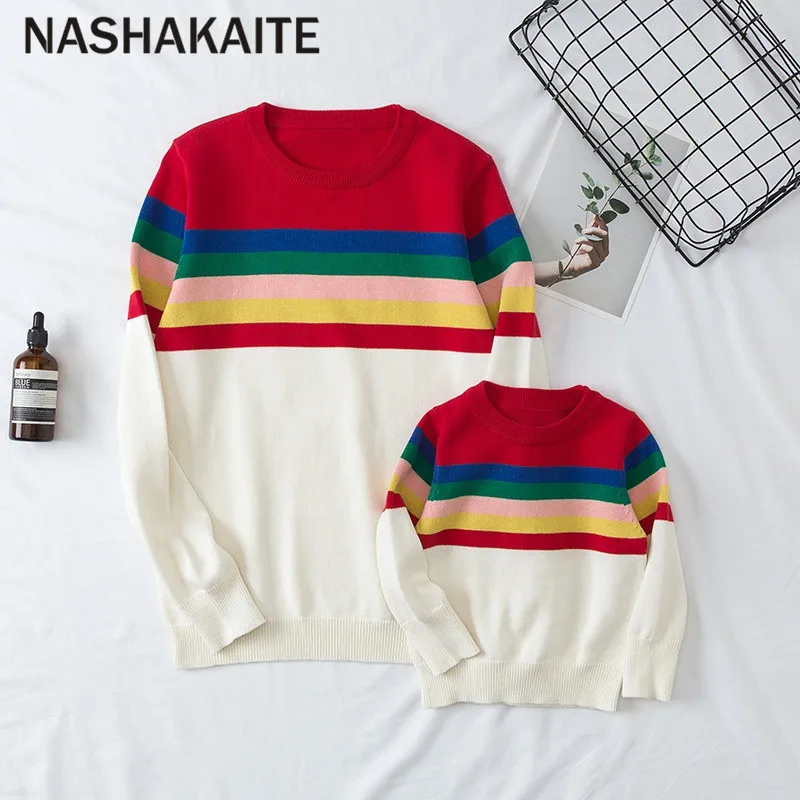 NASHAKAITE/свитер для мамы и дочки; вязаные свитера в радужную полоску для мамы и дочки; зимняя одежда для мамы и дочки
