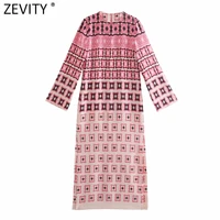 zevity women vintage contrast color geometric print side split shirt dress femme long sleeve casual straight robe vestido ds8374