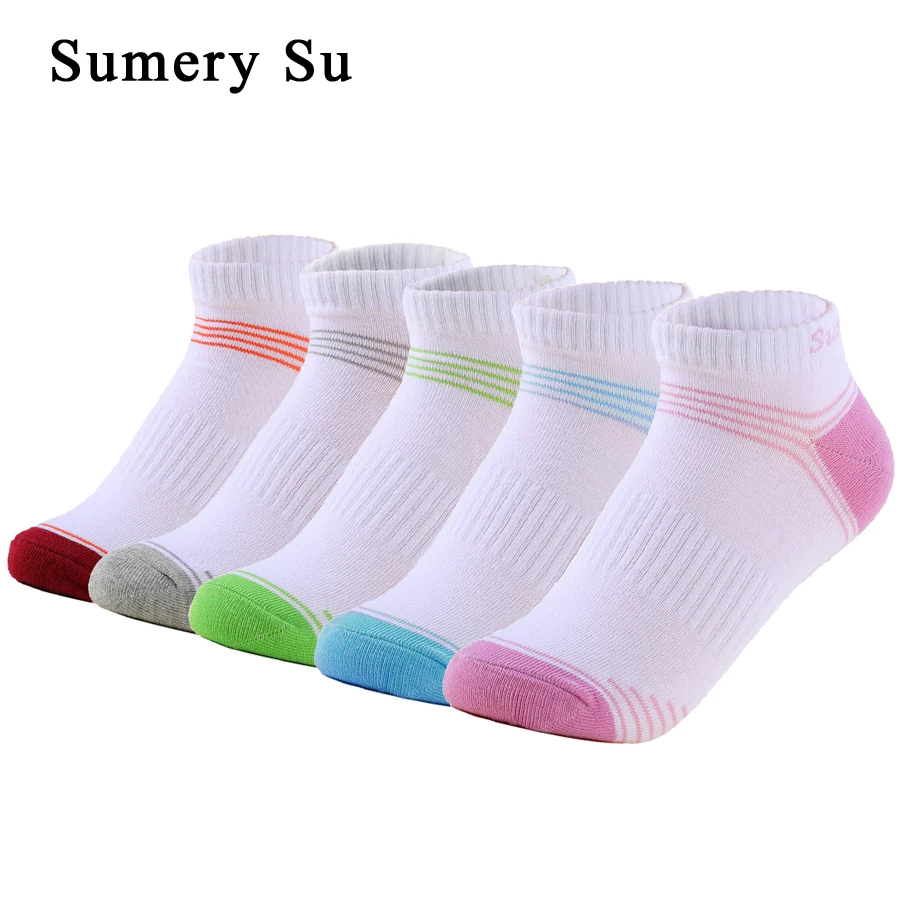 5 Pairs/Lot Running Socks Women Casual Outdoor Travel Cute Colorful Stripe Sports White Short Cotton Sock Girls 5 Colors