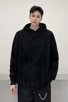 Large spring-style small crowd wearing rope ribbon design loose hoodie jacket fashion men's abstinence-wearing hoodie jacket