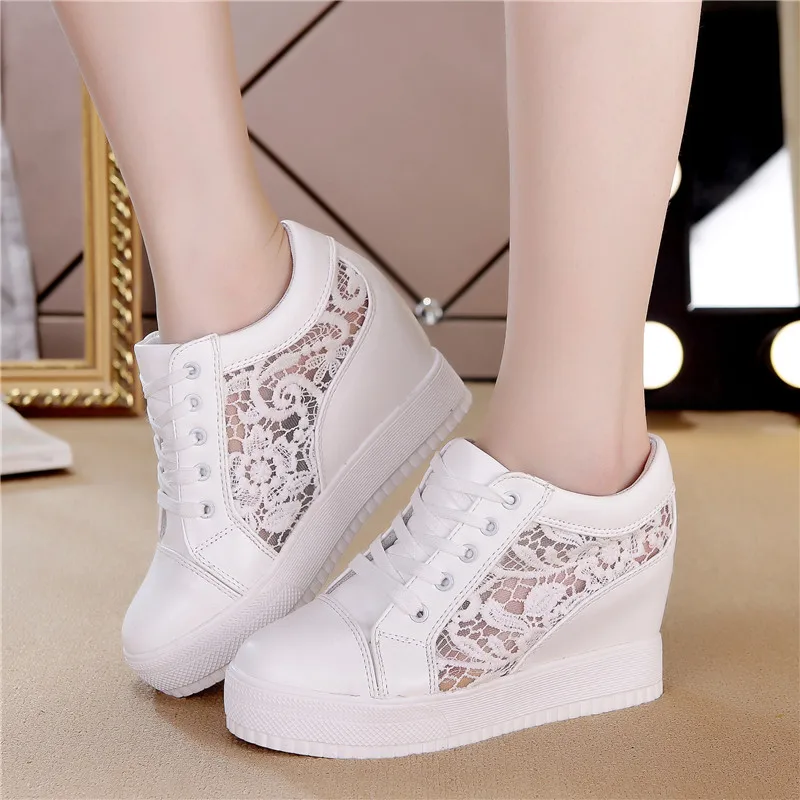 

8CM Hidden Heels Wedges Lace Up Casual Shoes Woman Fashion White Black Breath Platform Height Incresing Comfort Shoes Size 34-40