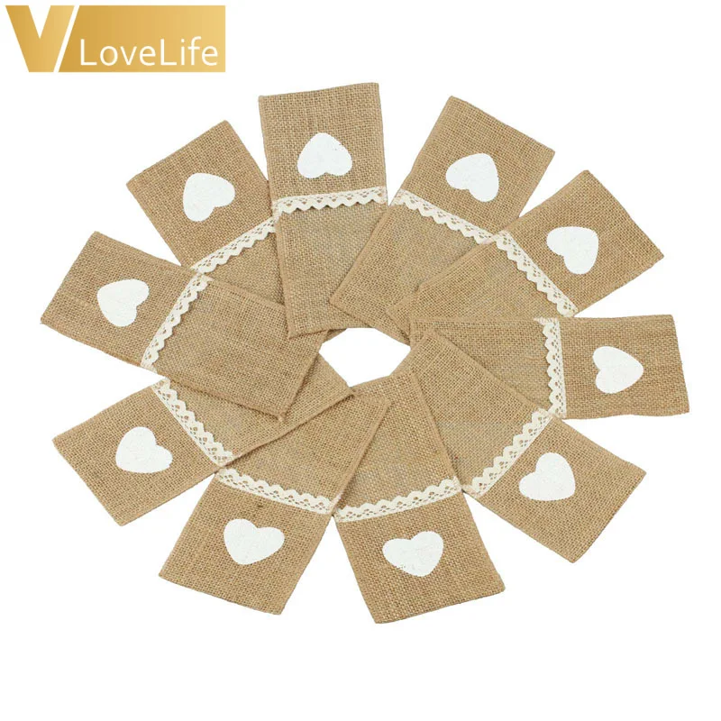 10pcs Jute Hessian Tableware Pouch Pocket Love Cutlery Knife Fork Holder Rustic for Wedding Decoration Valentines Day Home Decor