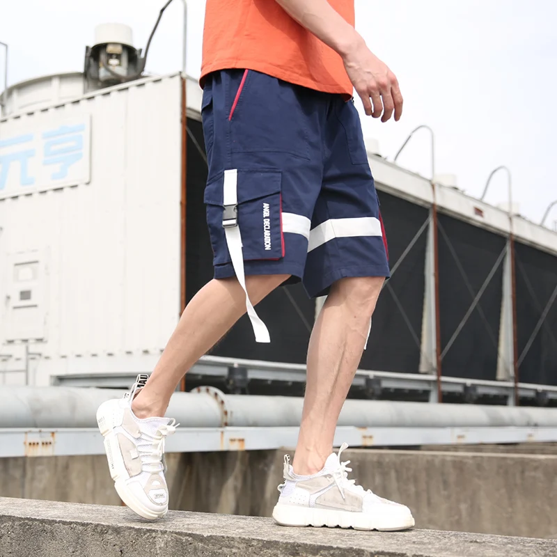 

2021Streetwear Summer Casual Shorts Men Side-pockets Ribbons Mens Cargo Shorts Knee Length Bermuda Hip hop Cotton Men's Shorts