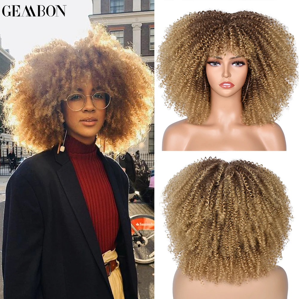 

14"Short Hair Synthetic Afro Kinky Curly Wigs With Bangs For Black Women Ombre Glueless Cosplay African Wigs Heat Resistant