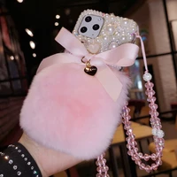 furry rabbit hair fur bling pearl diamond bowknot case cover for samsung galaxy note 20 10 9 8 s21 s20 ultra fe s1098 plus