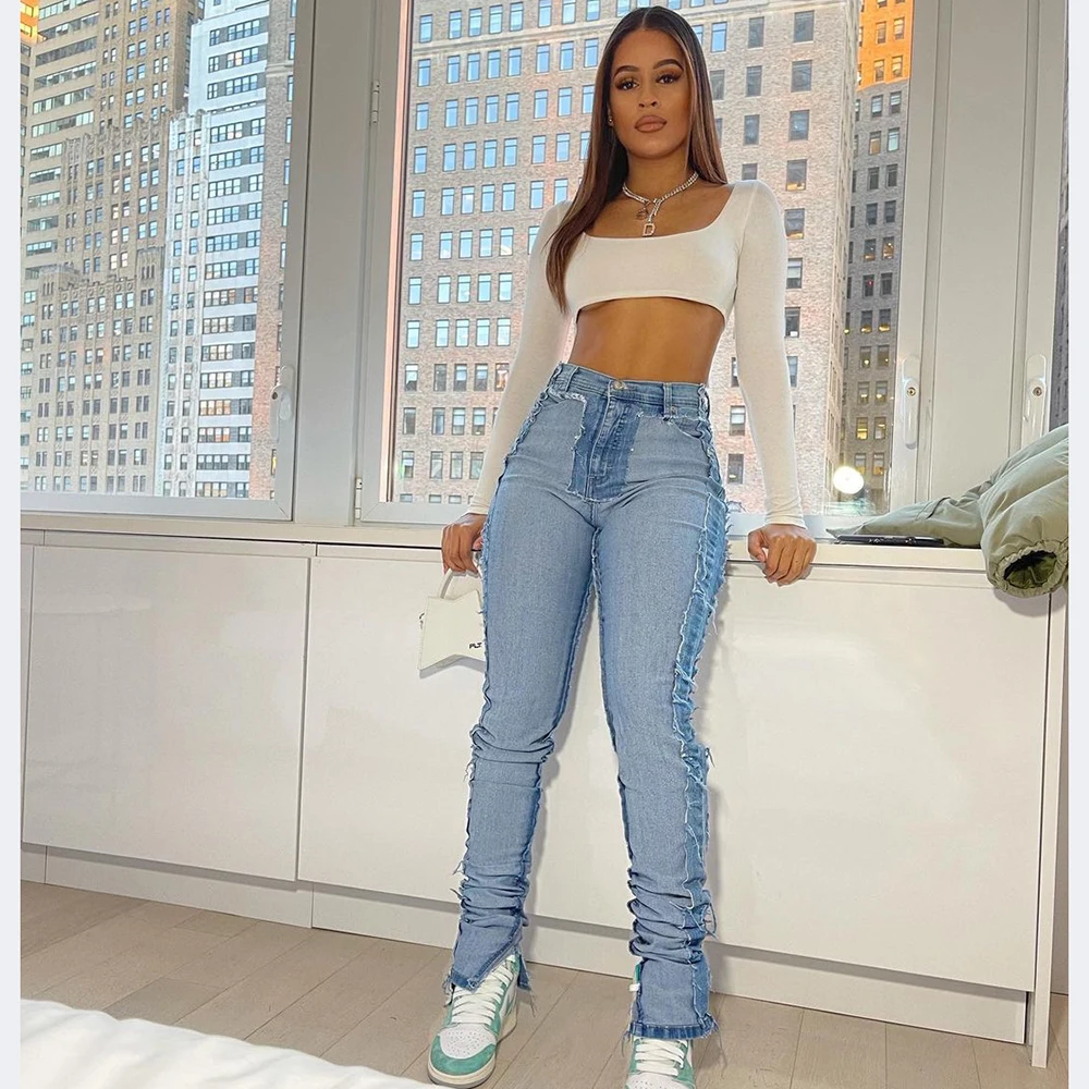 

New Patchwork Washed Jeans Women 2020 Fashion Patchwork Stacked Flare Vintage Wide Leg Streetwear Jeans Female Wholesale Lots