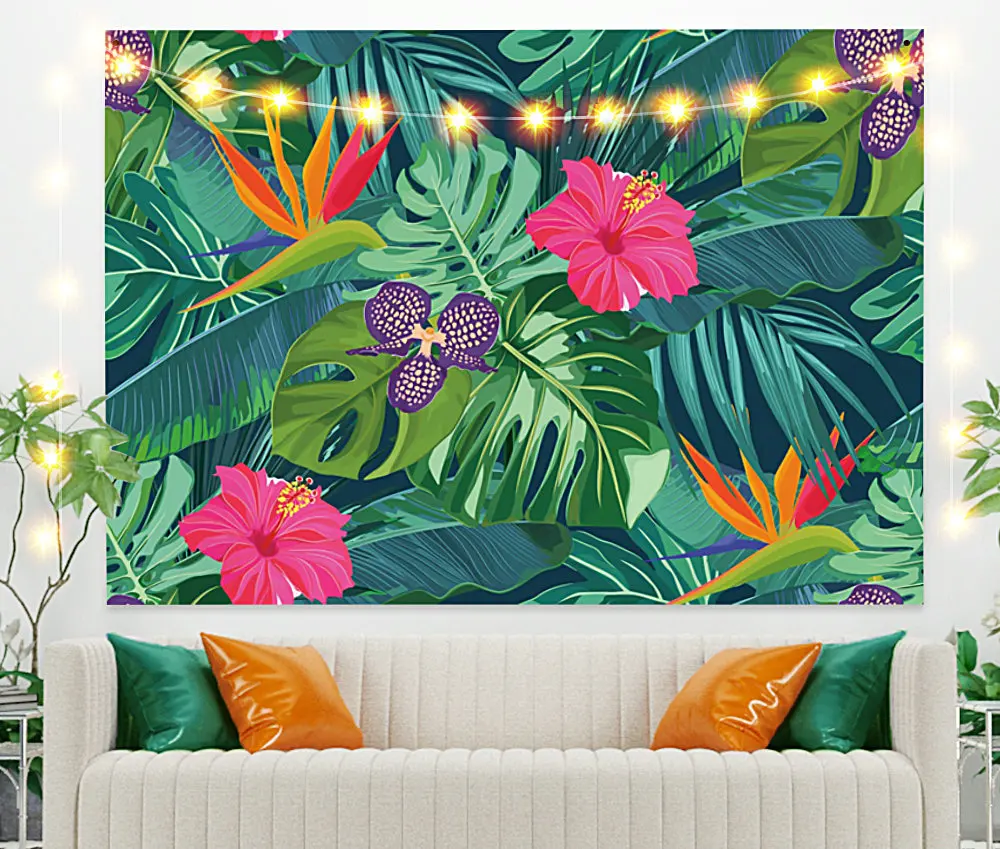 

Винтажный гобелен с зелеными листьями и розовыми цветами, экзотические летние растения, природа, рамка для спальни, фотография, Настенный д...