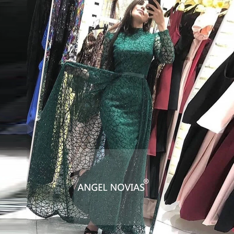 

Long Sleeves High Neck Glitter Green Mermaid Lace Evening Dress 2021 Long Women Dubai Arabic Prom Gown Robe Longue Soiree