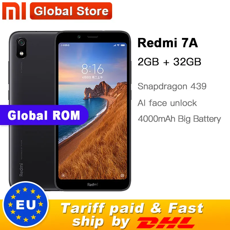 Xiaomi Redmi 7A с глобальной ПЗУ, 32 Гб ПЗУ, 2 Гб ОЗУ, Восьмиядерный мобильный телефон Snapdargon 439, 5,45 дюйма, камера 13 МП, смартфон, 4000 мАч