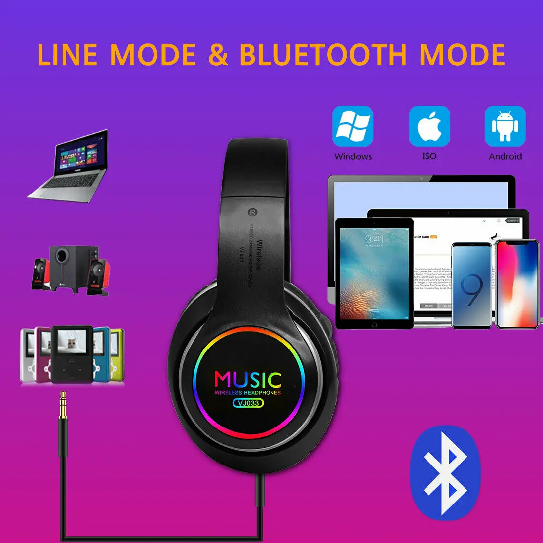 Kowkaka светодиодный светильник беспроводные Bluetooth наушники стерео звук игровые с