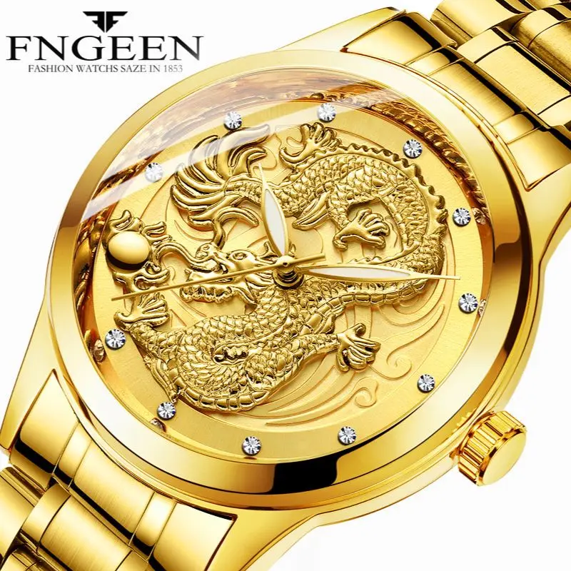 New Dragon Top Luxury Brand Business Men Quartz Watches Gold Watch Date Waterproof Stainless Steel Mens Watches Montre Homme